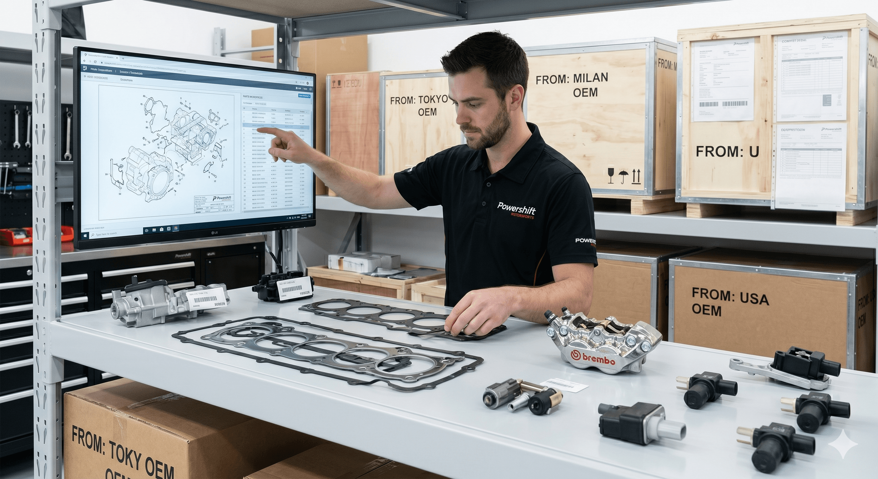 Technician inspecting automotive parts on a workbench while referencing a technical diagram on a screen.